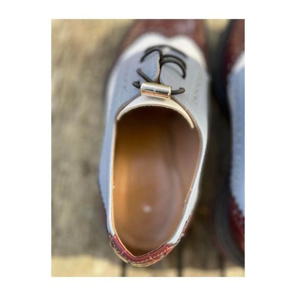 Inch2 Oxford Brogues Handmade Leather Blue White Bergundy Sz 37 - Picture 5 of 11